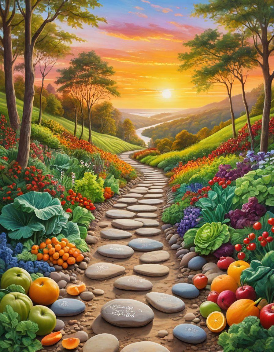 A serene and inspiring landscape featuring a winding path through a lush green forest, symbolizing a journey toward wellness. Along the path are various healthy foods like fruits and vegetables, and motivational quotes displayed on stones. A vibrant sunrise in the background signifies new beginnings and hope. Include a diverse group of people engaged in physical activities like yoga and jogging. painting. vibrant colors. natural elements.
