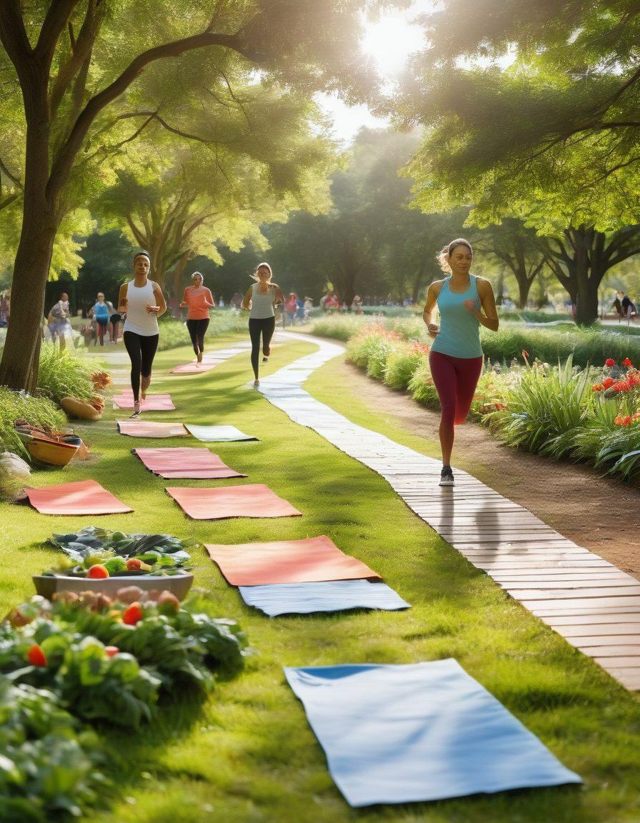 A vibrant, dynamic scene featuring a diverse group of individuals engaging in various activities to boost metabolism, such as jogging, cooking healthy meals, and practicing yoga in a sunlit park. Include fresh fruits, vegetables, and water bottles to symbolize healthy eating and hydration. The setting should exude energy and positivity, with lively colors and an inviting atmosphere. super-realistic. vibrant colors. bright background.