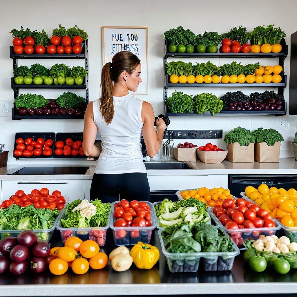 A vibrant kitchen scene with a variety of fresh, colorful fruits and vegetables, a neatly arranged meal prep setup featuring balanced portioned meals, a fitness enthusiast measuring ingredients, an inspiring 'Fuel Your Fitness' quote on the wall, and a scale surrounded by fitness gear. super-realistic. vibrant colors. white background.